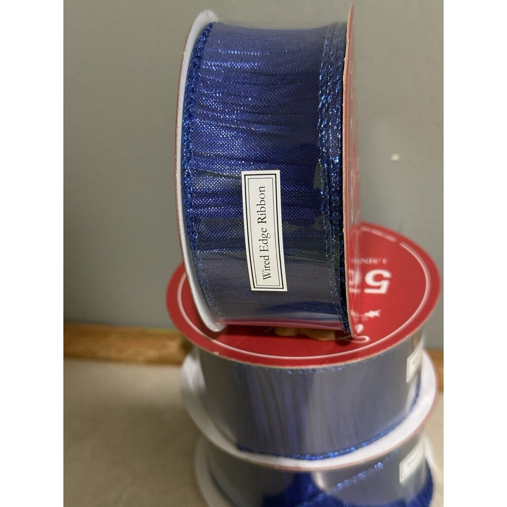 Jumbo 3 1.5" x 30 Ft Total 1.5 X 90 Ft Blue & Silver Wired Edged Ribbon - Picture 5 of 5